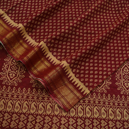 Vintage Sari Beige & Red Pure Cotton Hand Woven Printed Sarees Craft Fabric Zari 5Yd Sewing Soft Crafting Dress making Upcycle Quilting