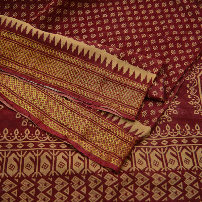 Vintage Sari Beige & Red Pure Cotton Hand Woven Printed Sarees Craft Fabric Zari 5Yd Sewing Soft Crafting Dress making Upcycle Quilting