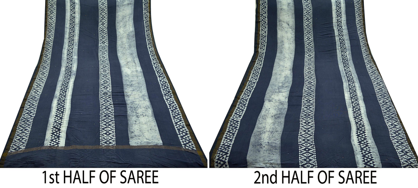 Indian Vintage Sari 100% Pure Silk Blue & White Batik Sarees 6Yd Fabric Craft Soft Dress making Crafting Quilting Fringes Zari Border