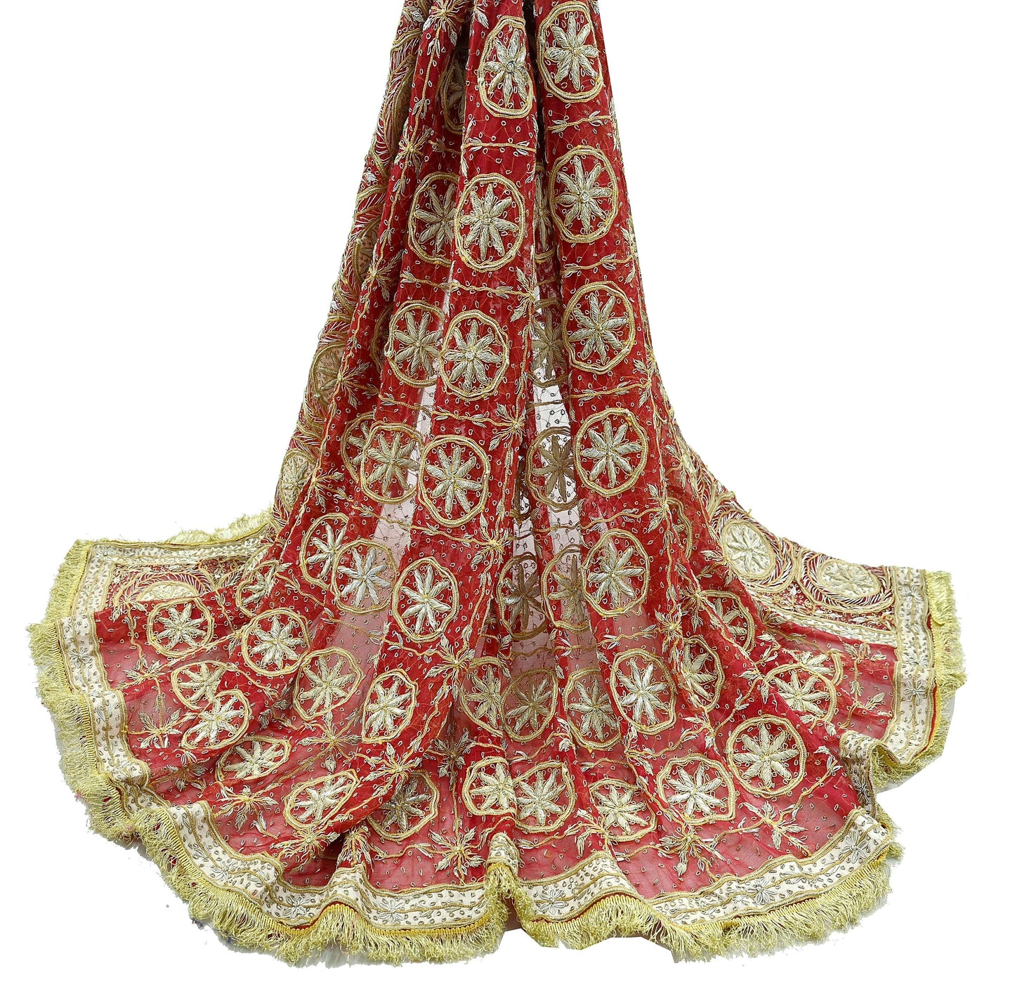 Indian Vintage Heavy Bridal Red Dupatta Pure Chiffon Silk Long Stole Hand Embroidered Scarf Zardozi/Dabka Zari Sequins Wedding Veil Hijab