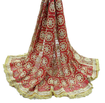 Indian Vintage Heavy Bridal Red Dupatta Pure Chiffon Silk Long Stole Hand Embroidered Scarf Zardozi/Dabka Zari Sequins Wedding Veil Hijab