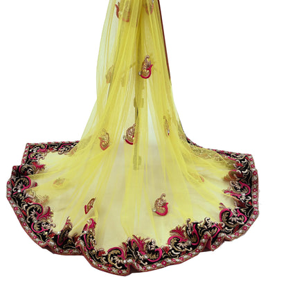 Indian Vintage Heavy Yellow Dupatta Net Mesh Long Stole Hand Embroidered Scarves Golden Zardozi Dabka Zari Stole