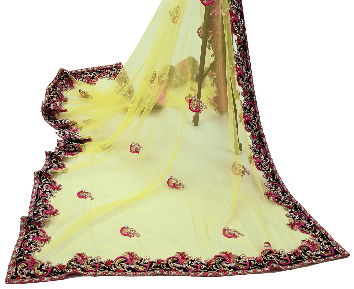 Indian Vintage Heavy Yellow Dupatta Net Mesh Long Stole Hand Embroidered Scarves Golden Zardozi Dabka Zari Stole