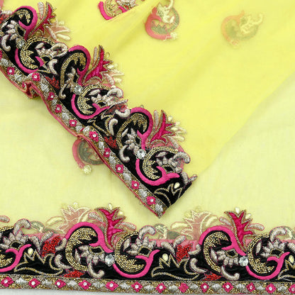 Indian Vintage Heavy Yellow Dupatta Net Mesh Long Stole Hand Embroidered Scarves Golden Zardozi Dabka Zari Stole