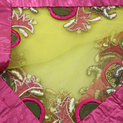 Indian Vintage Heavy Yellow Dupatta Net Mesh Long Stole Hand Embroidered Scarves Golden Zardozi Dabka Zari Stole