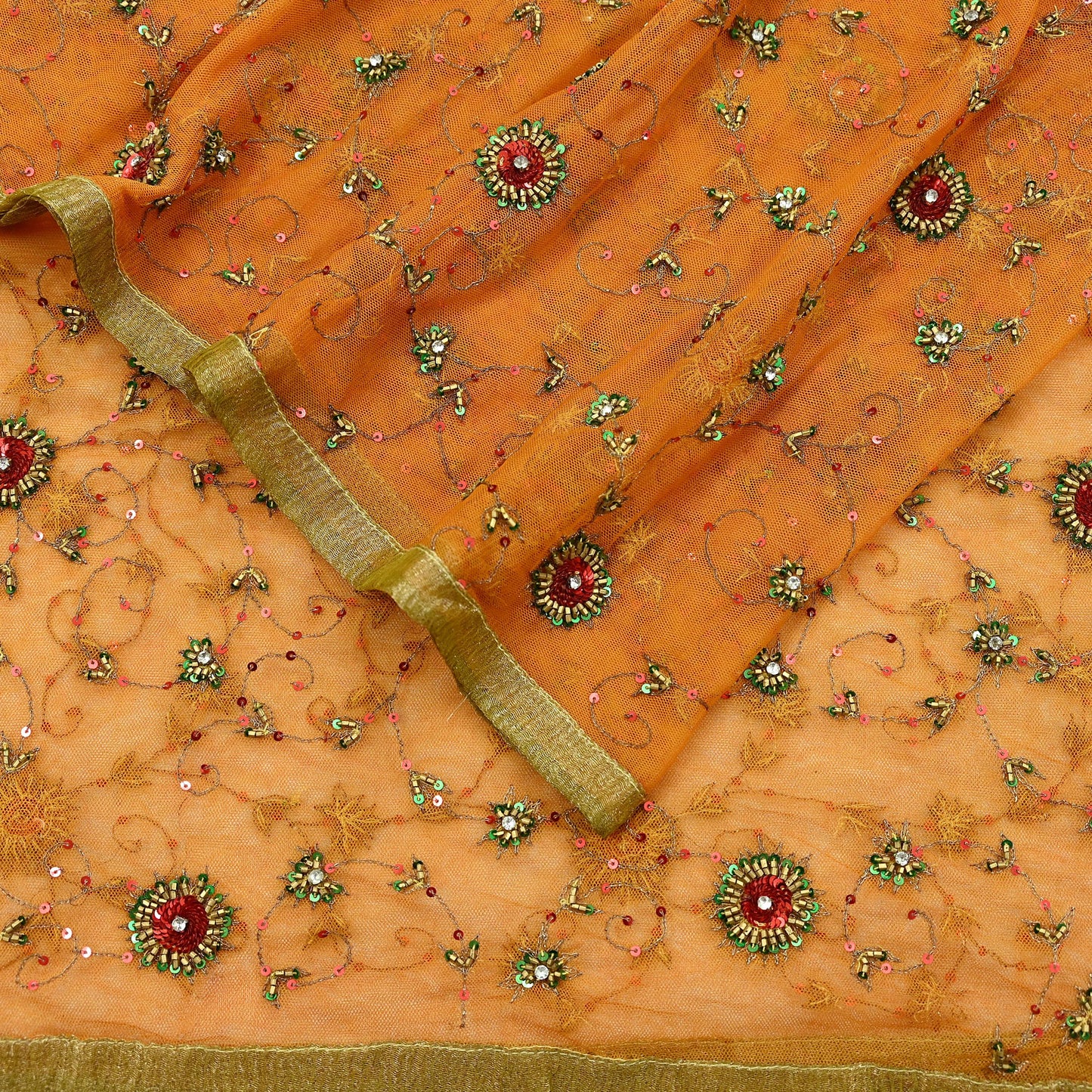 Indian Vintage Heavy Orange Dupatta Net Mesh Long Stole Hand Embroidered Scarves Glass Beaded Golden Sequins Wedding/ Bridal Veil Hijab