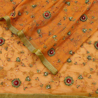 Indian Vintage Heavy Orange Dupatta Net Mesh Long Stole Hand Embroidered Scarves Glass Beaded Golden Sequins Wedding/ Bridal Veil Hijab