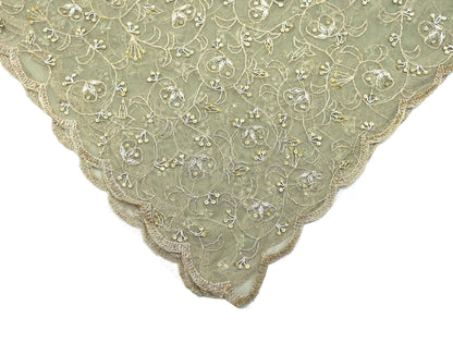 Indian Vintage Heavy Bridal Dupatta Green Net Mesh Long Stole Hand Embroidered Scarves Golden Zardozi Dabka Zari Wedding Veil Hijab