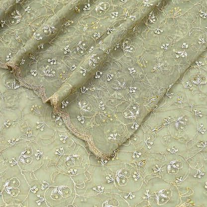 Indian Vintage Heavy Bridal Dupatta Green Net Mesh Long Stole Hand Embroidered Scarves Golden Zardozi Dabka Zari Wedding Veil Hijab