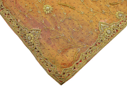 Indian Vintage Heavy Golden Dupatta Pure Tissue Silk Long Stole Hand Embroidered Scarves Zari Zardozi/Dabka