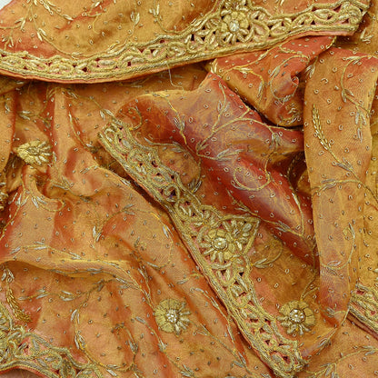 Indian Vintage Heavy Golden Dupatta Pure Tissue Silk Long Stole Hand Embroidered Scarves Zari Zardozi/Dabka