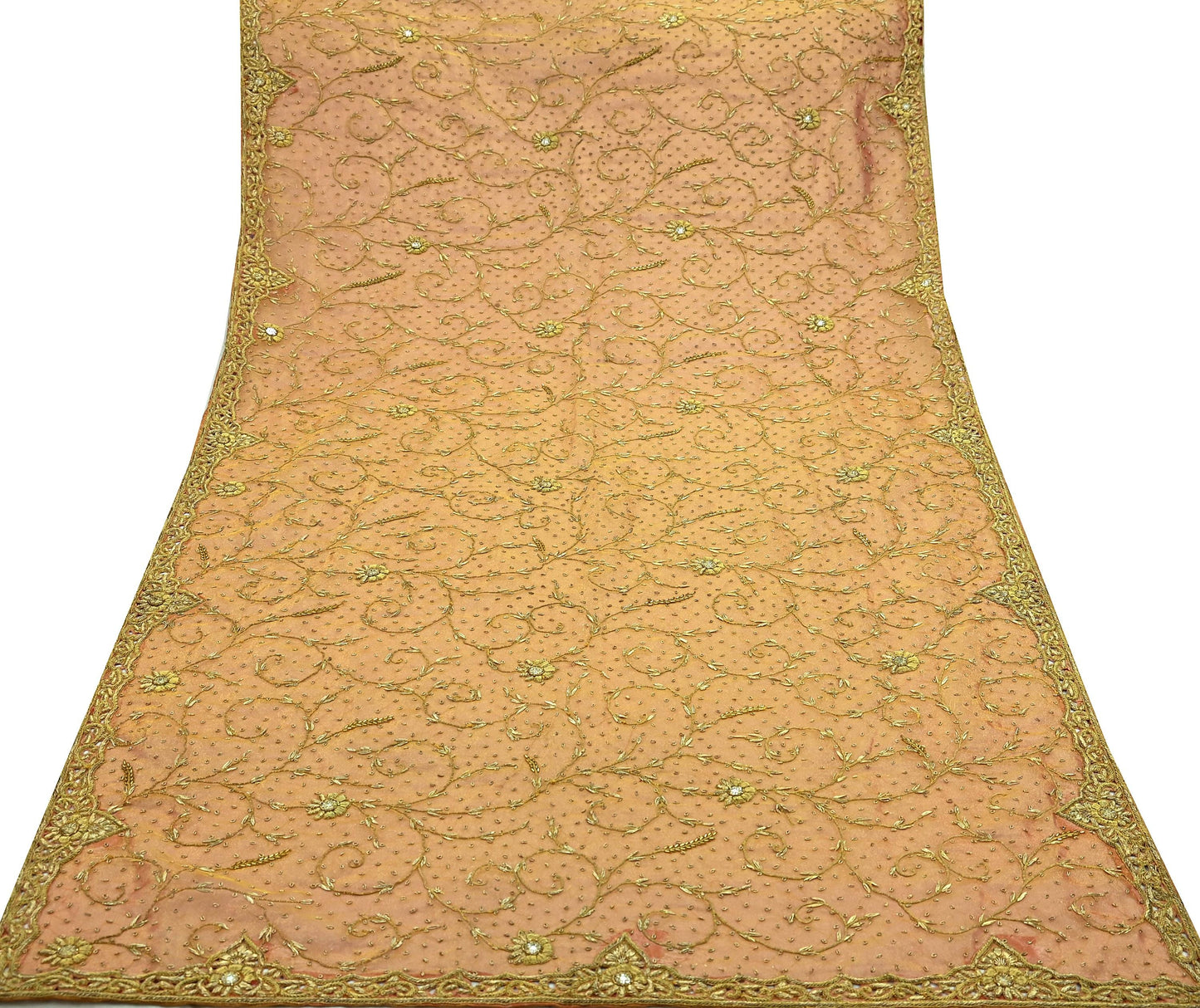 Indian Vintage Heavy Golden Dupatta Pure Tissue Silk Long Stole Hand Embroidered Scarves Zari Zardozi/Dabka