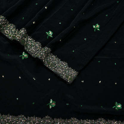Indian Vintage Black Saree Pure Crepe Silk Hand Embroidered Sari Craft Fabric 5Yd Sewing Soft Zardozi/Dabka Dress making With Blouse Pcs