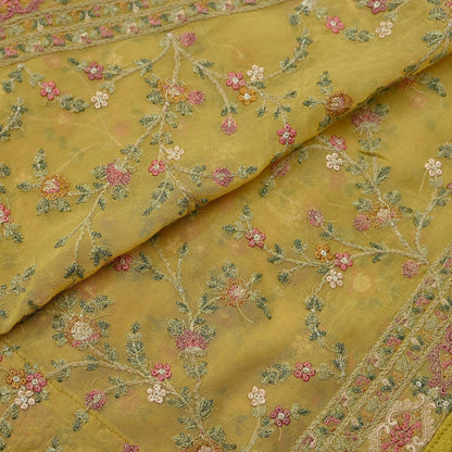 Indian Vintage Dupatta Yellow Pure Georgette silk Long Stole Embroidered Scarves Stole Veil Wrap