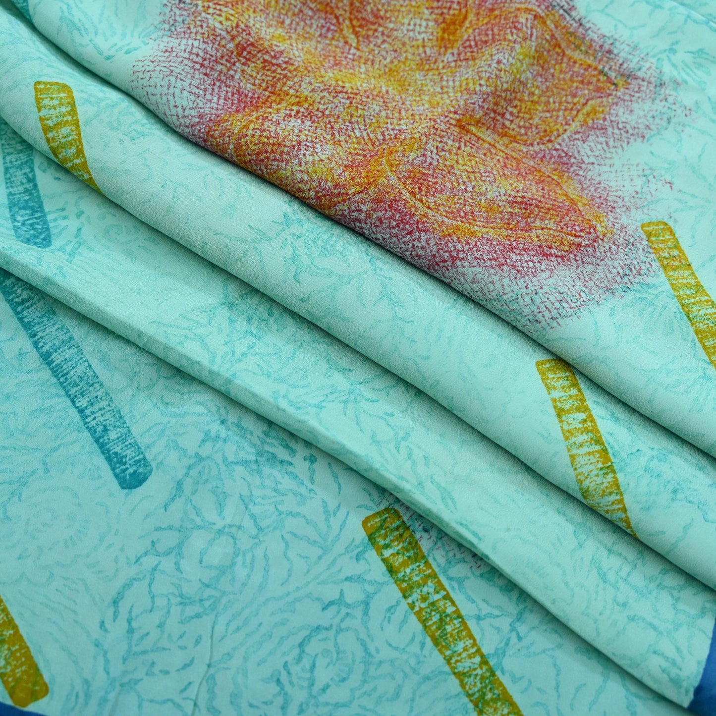 Indian Vintage Sari Blue & Green Pure Crepe Silk Printed Saree 5yd Sewing Soft Craft Fabric Wrap Dress making Quilting Crafting Upcycle