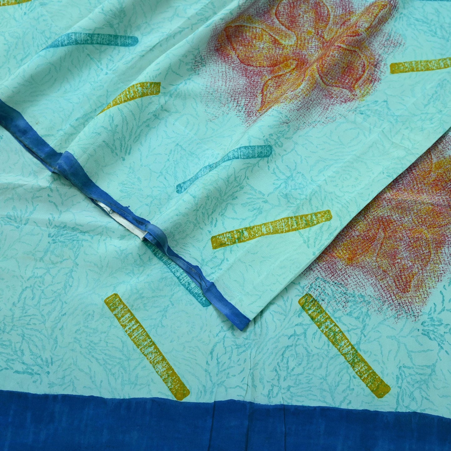 Indian Vintage Sari Blue & Green Pure Crepe Silk Printed Saree 5yd Sewing Soft Craft Fabric Wrap Dress making Quilting Crafting Upcycle