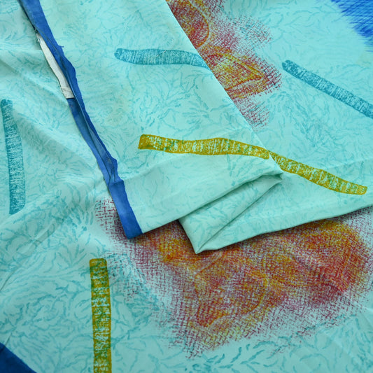 Indian Vintage Sari Blue & Green Pure Crepe Silk Printed Saree 5yd Sewing Soft Craft Fabric Wrap Dress making Quilting Crafting Upcycle