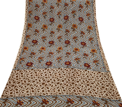 Indian Vintage Sari Beige Pure Georgette Silk Printed Sarees 5Yd Craft Fabric Sewing Quilting Dress making Crafting Quilting Upcycle