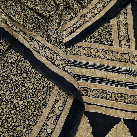 Indian Vintage Sari Black Printed Pure Silk Sarees Craft Fabric 6yd Sewing Floral Soft Dress Designing  for Crafting Quilting Upcycle Wrap