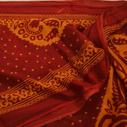 Indian Vintage Red Saree Printed Pure Cotton Indian Sari Craft Fabric Soft 5Yd Sewing Sarong Wrap Boho Floral Quilting Crafting Upcycle