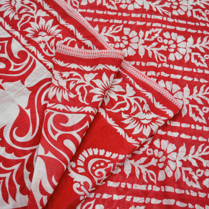 Indian Vintage Sari Red & White Printed 100% Pure Cotton Saree Craft Fabric 5Yard Sewing Sarong Wrap Boho Floral