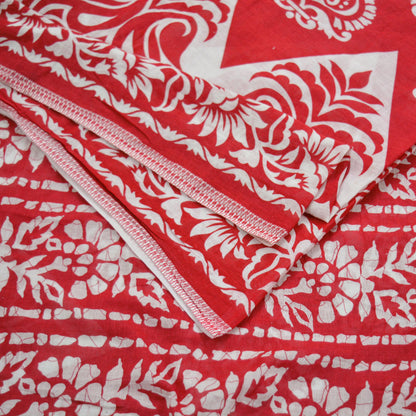 Indian Vintage Sari Red & White Printed 100% Pure Cotton Saree Craft Fabric 5Yard Sewing Sarong Wrap Boho Floral