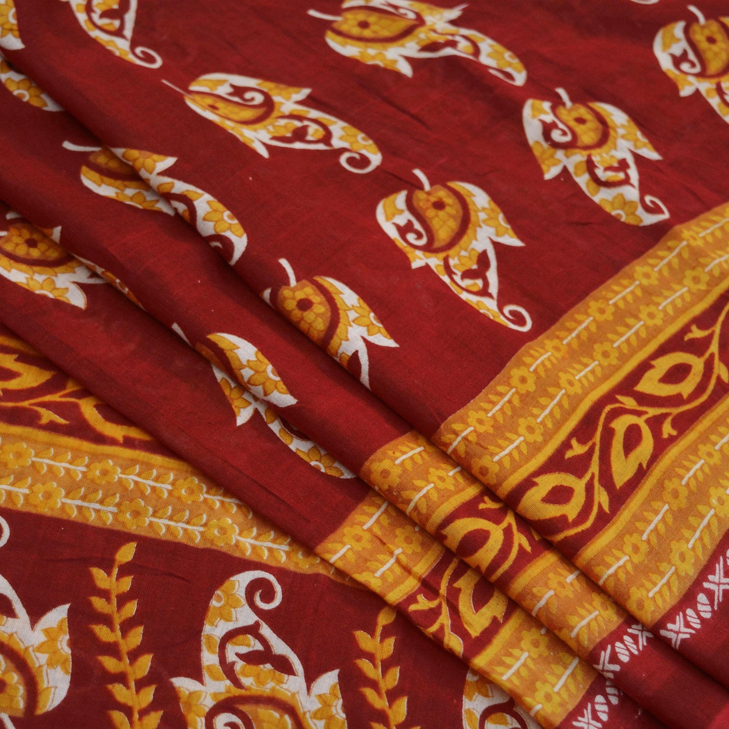 Indian Vintage Red Saree Printed Pure Cotton Indian Sari Craft Fabric Soft 5Yd Sewing Sarong Wrap Boho Floral Quilting Crafting Upcycle