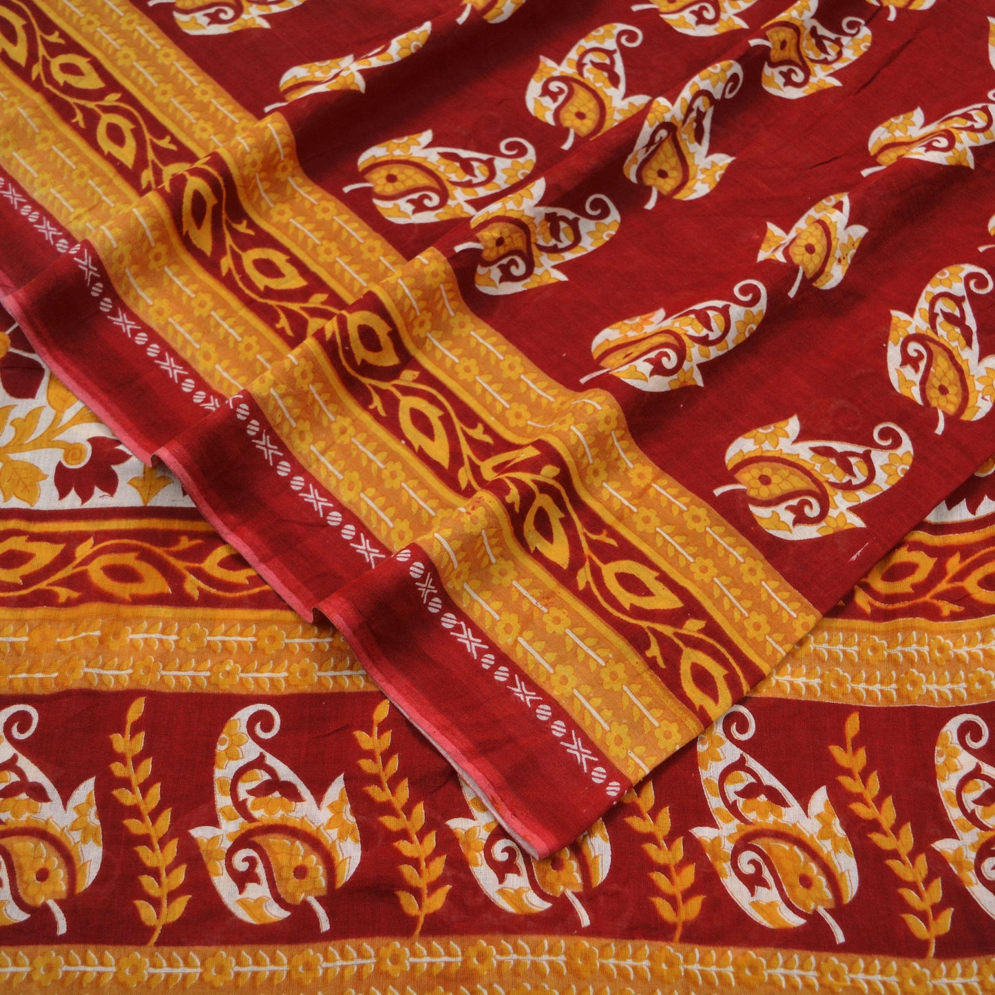 Indian Vintage Red Saree Printed Pure Cotton Indian Sari Craft Fabric Soft 5Yd Sewing Sarong Wrap Boho Floral Quilting Crafting Upcycle