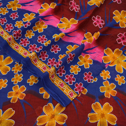 Indian Vintage Sari Maroon & Blue Printed Sarees Pure Cotton Craft Fabric Soft 5Yd Sewing Sarong Wrap Boho Floral Dress making Quilting