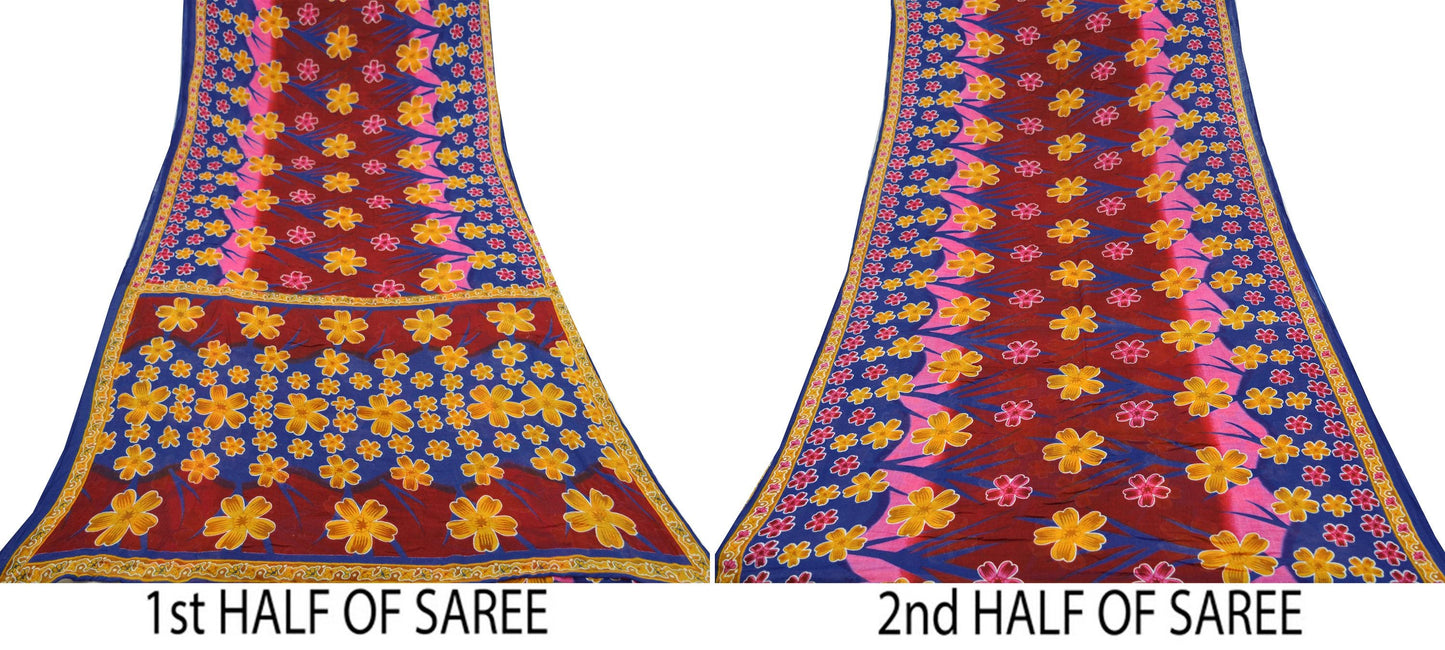 Indian Vintage Sari Maroon & Blue Printed Sarees Pure Cotton Craft Fabric Soft 5Yd Sewing Sarong Wrap Boho Floral Dress making Quilting