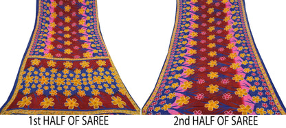 Indian Vintage Sari Maroon & Blue Printed Sarees Pure Cotton Craft Fabric Soft 5Yd Sewing Sarong Wrap Boho Floral Dress making Quilting