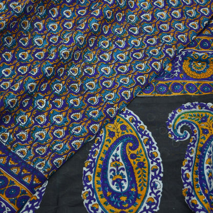 Indian Vintage Sari Black & Purple 100% Pure Silk Printed Saree 5yard Sewing Craft Fabric DressMaking Soft Floral