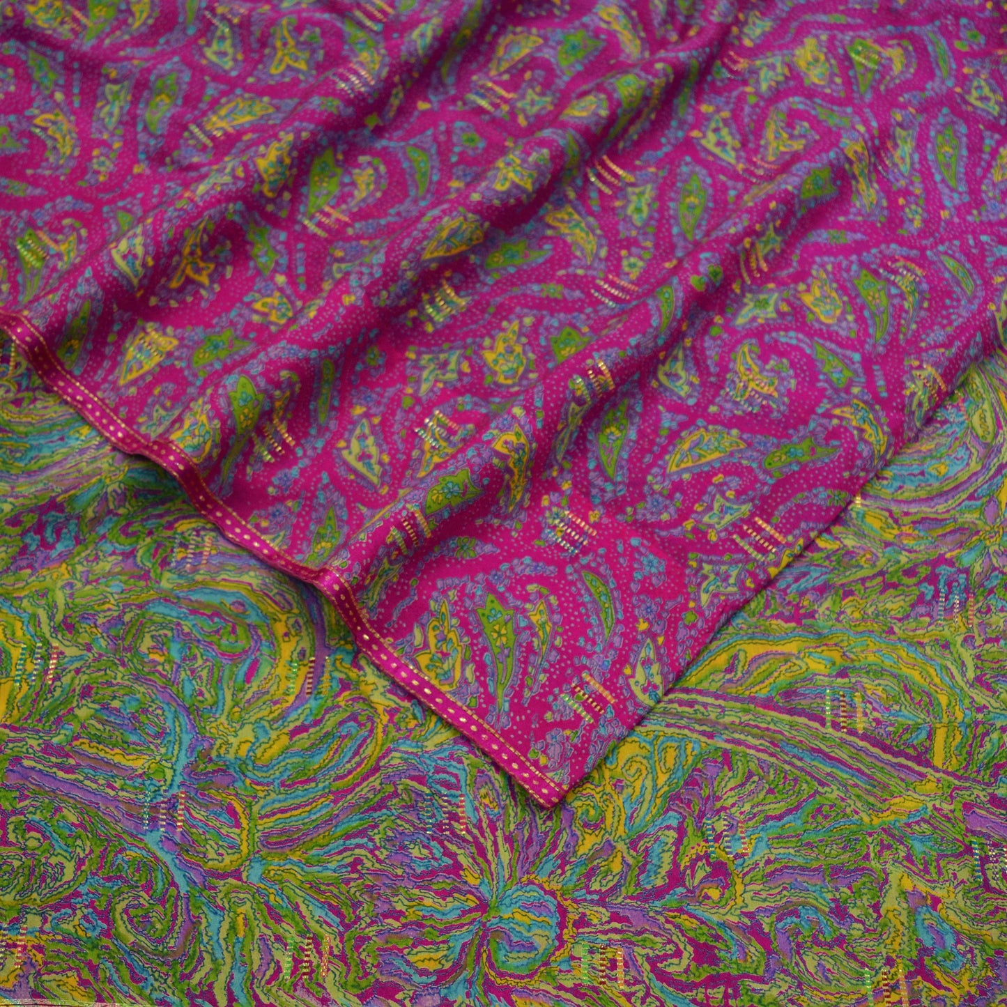 Indian Vintage Sari Pink & Green Pure Silk Printed Sarees 5yd Sewing Craft Fabric Dress Making Soft Floral Ethnic Crafting Quilting Upcycle