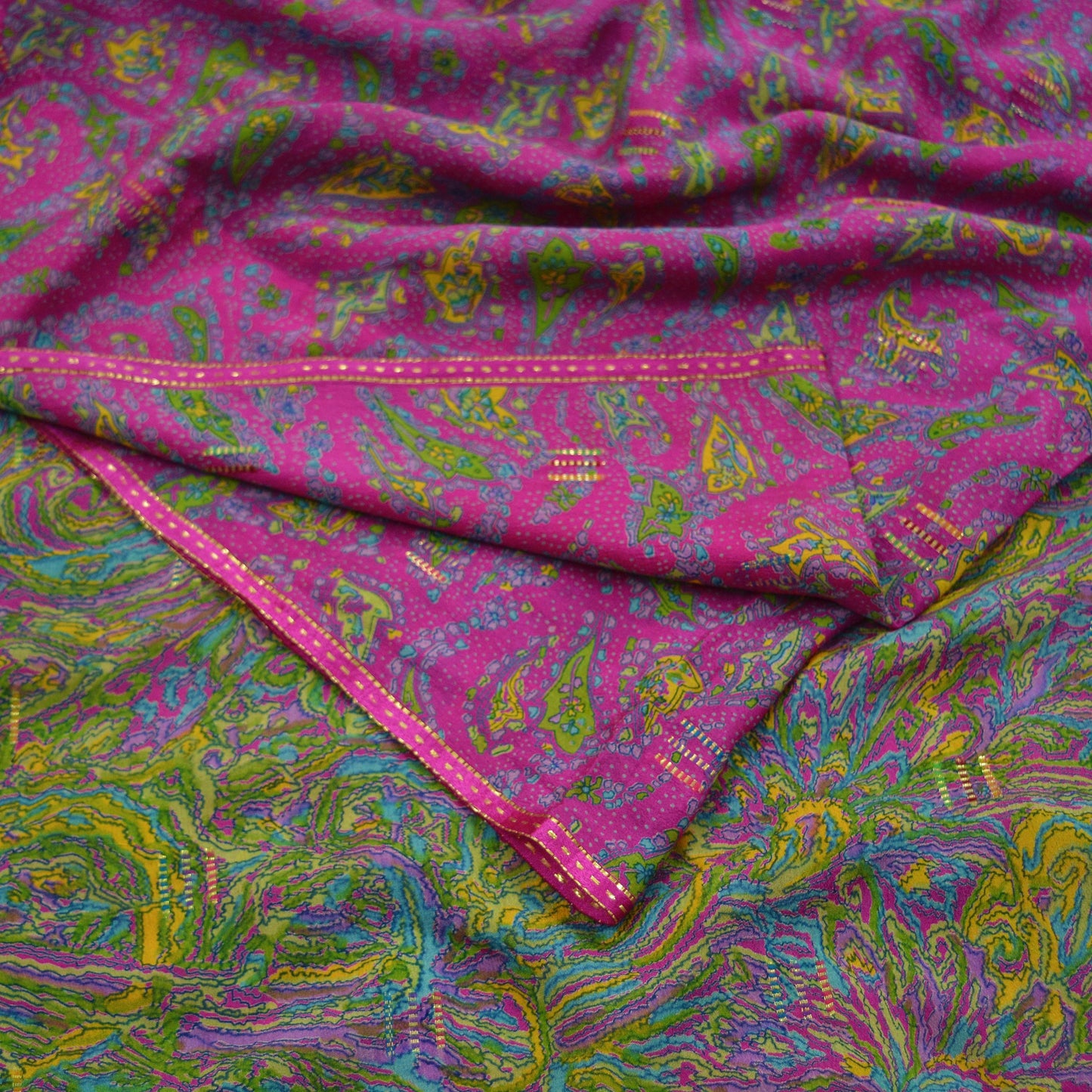 Indian Vintage Sari Pink & Green Pure Silk Printed Sarees 5yd Sewing Craft Fabric Dress Making Soft Floral Ethnic Crafting Quilting Upcycle