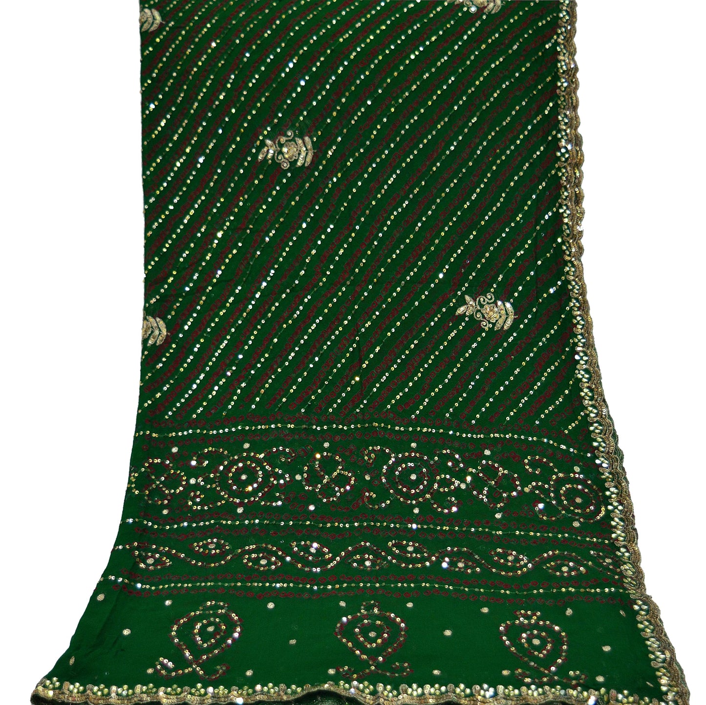 Indian Vintage Green Dupatta Pure Georgette Silk Hand Embroidered Bandhani Veil Scarves Soft Sequins Border