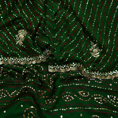 Indian Vintage Green Dupatta Pure Georgette Silk Hand Embroidered Bandhani Veil Scarves Soft Sequins Border