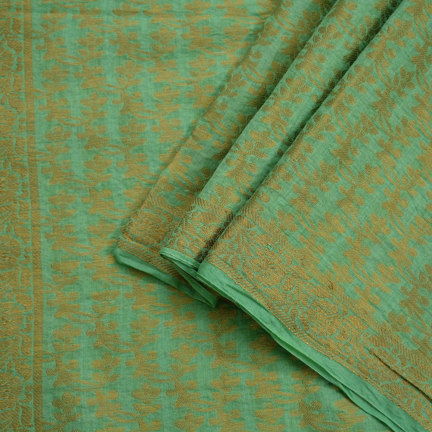 Indian Vintage Green Dupatta Long Stole Woven Cotton Scarves Veil Golden Zari Soft Floral Design