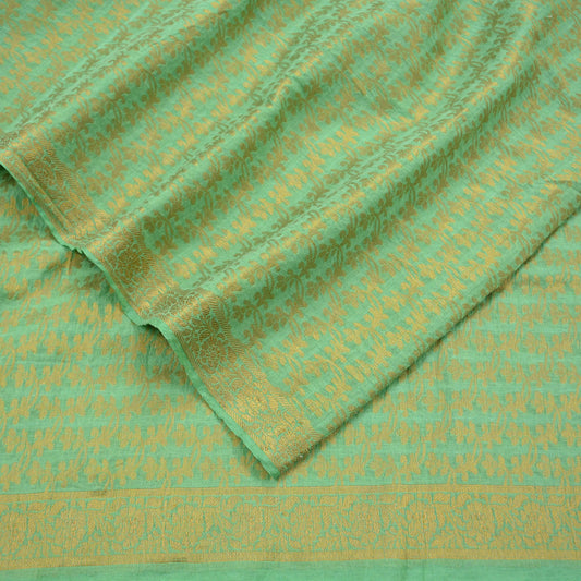 Indian Vintage Green Dupatta Long Stole Woven Cotton Scarves Veil Golden Zari Soft Floral Design