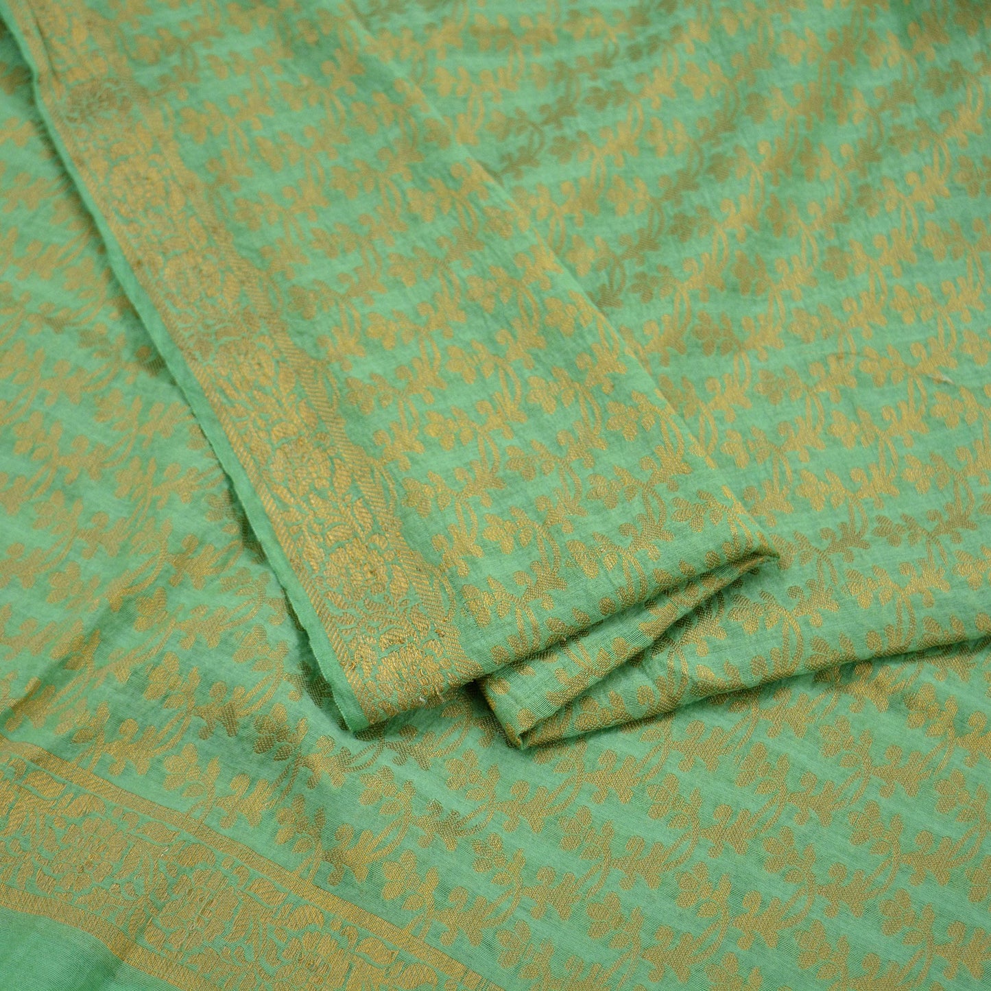 Indian Vintage Green Dupatta Long Stole Woven Cotton Scarves Veil Golden Zari Soft Floral Design