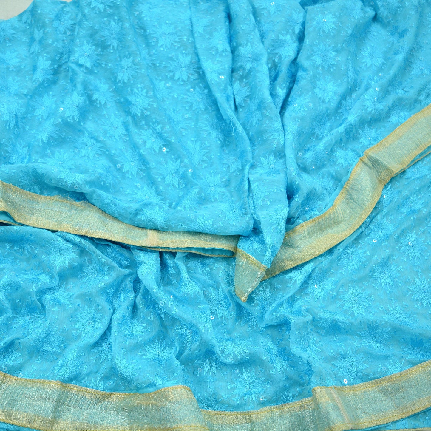 Indian Vintage Blue Dupatta Long Stole Chiffon Hand Embroidered Bagh Phulkari Stole Scarves Golden lace