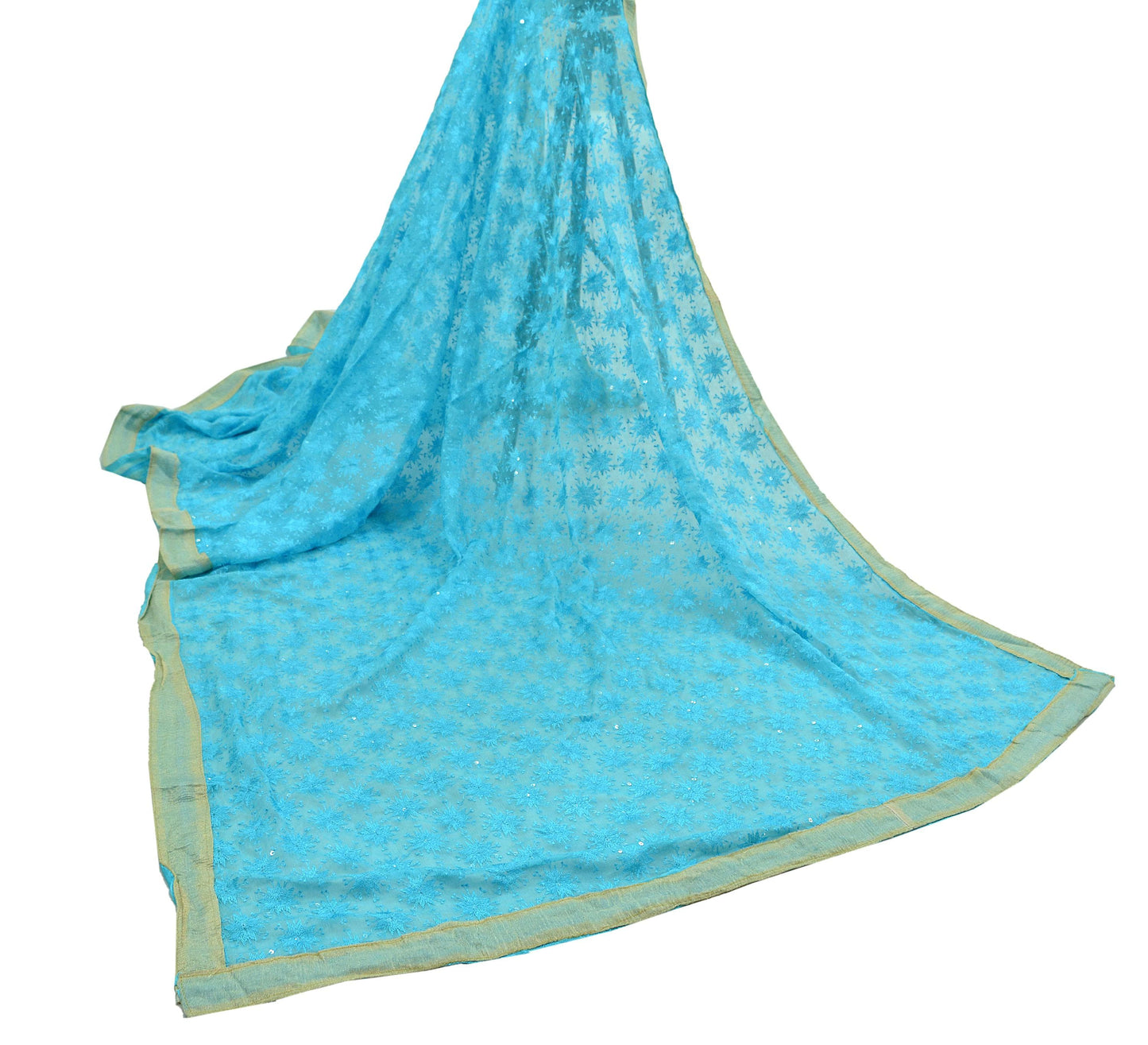 Indian Vintage Blue Dupatta Long Stole Chiffon Hand Embroidered Bagh Phulkari Stole Scarves Golden lace