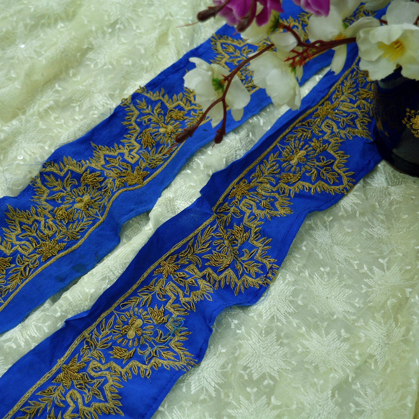 Indian Vintage Blue Sari Border Hand Embroidered 1yd Craft Trim Lace Sewing Sari Ribbon Pure Crepe silk  Zardozi/Dabka Zari