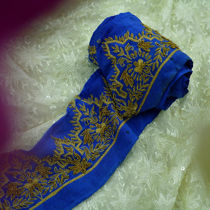 Indian Vintage Blue Sari Border Hand Embroidered 1yd Craft Trim Lace Sewing Sari Ribbon Pure Crepe silk  Zardozi/Dabka Zari