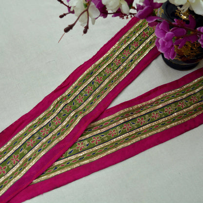 Indian Vintage Pink Saree Border Hand Embroidered Gota Patti 1yd Craft Trim Lace Sewing Sari Ribbon Pure silk