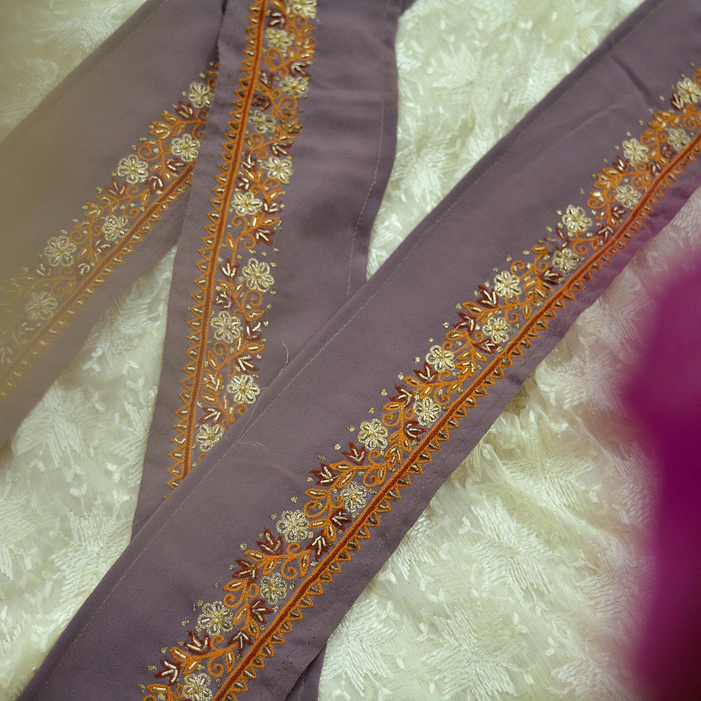 Indian Vintage Purple Sari Border Hand Embroidered 1yd Craft Trim Lace Sewing Sari Ribbon Pure Crepe silk  Zardozi/Dabka Zari