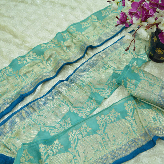 Indian Vintage Sari Border Blue & Green Woven Banarasi Trim Craft 1yd Sewing Recycled Sari Border Zari Pure Silk Home Decor Crafting