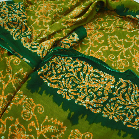 Indian Vintage Sari Green & Saffron Batik Printed Saree 100% Pure Cotton 5Yd Craft Fabric Soft Sewing Sarong Wrap Boho Quilting Dress Making