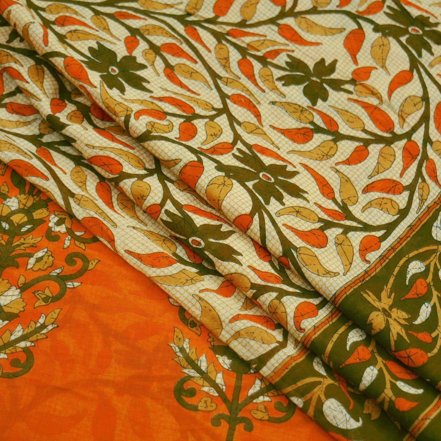 Indian Vintage Sari Orange & Beige Printed Sarees 100% Pure Cotton Craft Fabric Soft 5Yd Sewing Sarong Wrap Floral Dress Making Crafting