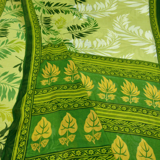 Indian Vintage Green Saree Printed Pure Cotton Sari Craft Fabric Soft 5Yd Sewing Sarong Wrap Boho Floral Dress making Crafting Quilting