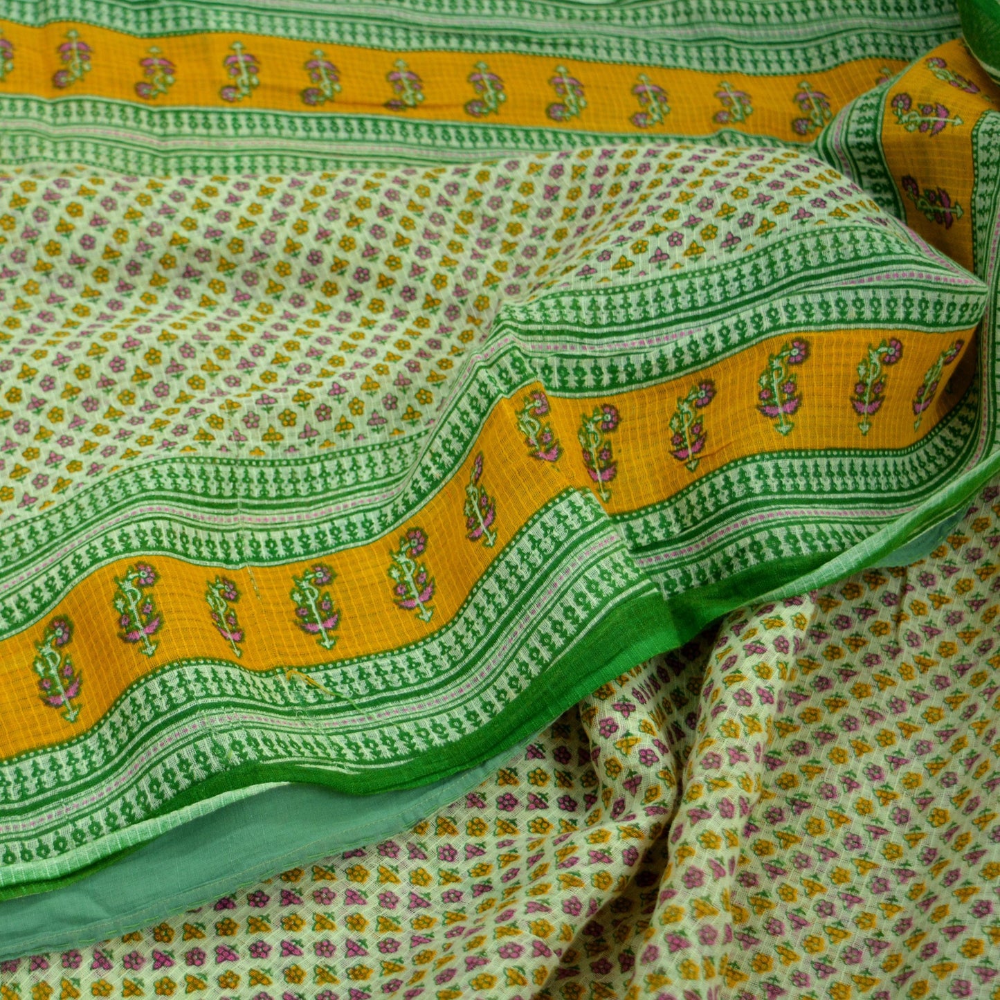 Indian Vintage Sari Green & Ivory Printed Pure Cotton Sarees 5Yd Craft Fabric Soft Sewing Sarong Wrap Boho Upcycle quilting Dress making